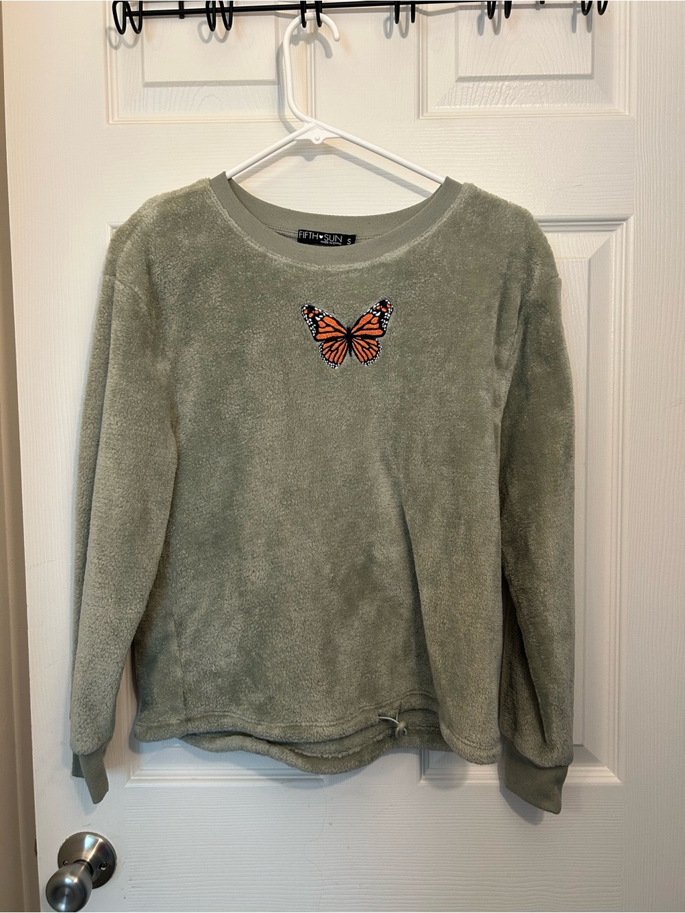 Fifth Sun Olive Plush Crewneck with Orange Butterfly Patch